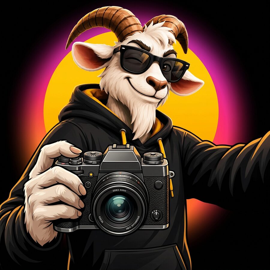 Mascote Cabra Achados com câmera, no clima do Instagram
