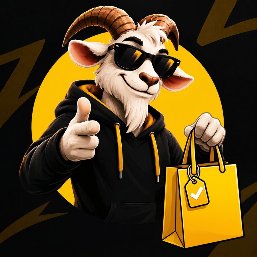 Mascote Cabra Achados com sacola de compras