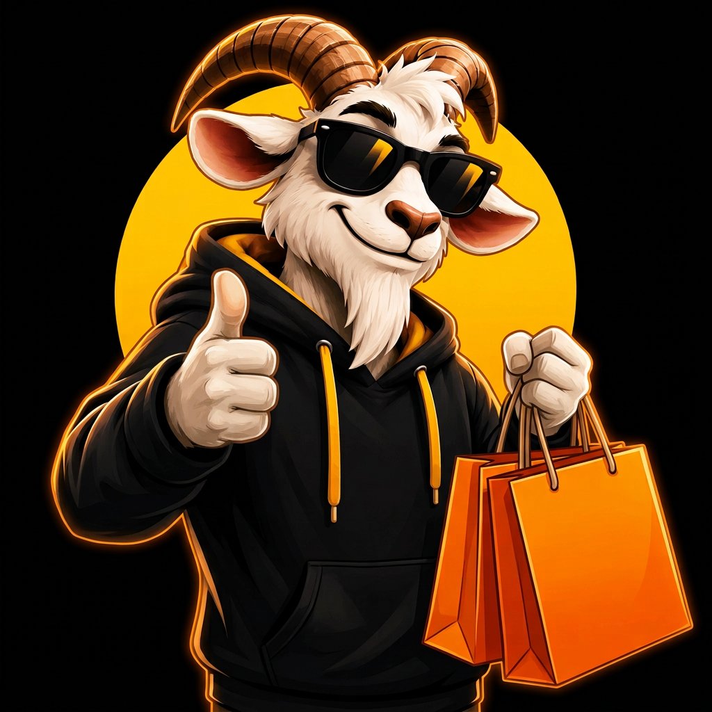 Mascote Cabra Achados com sacolas da Shopee