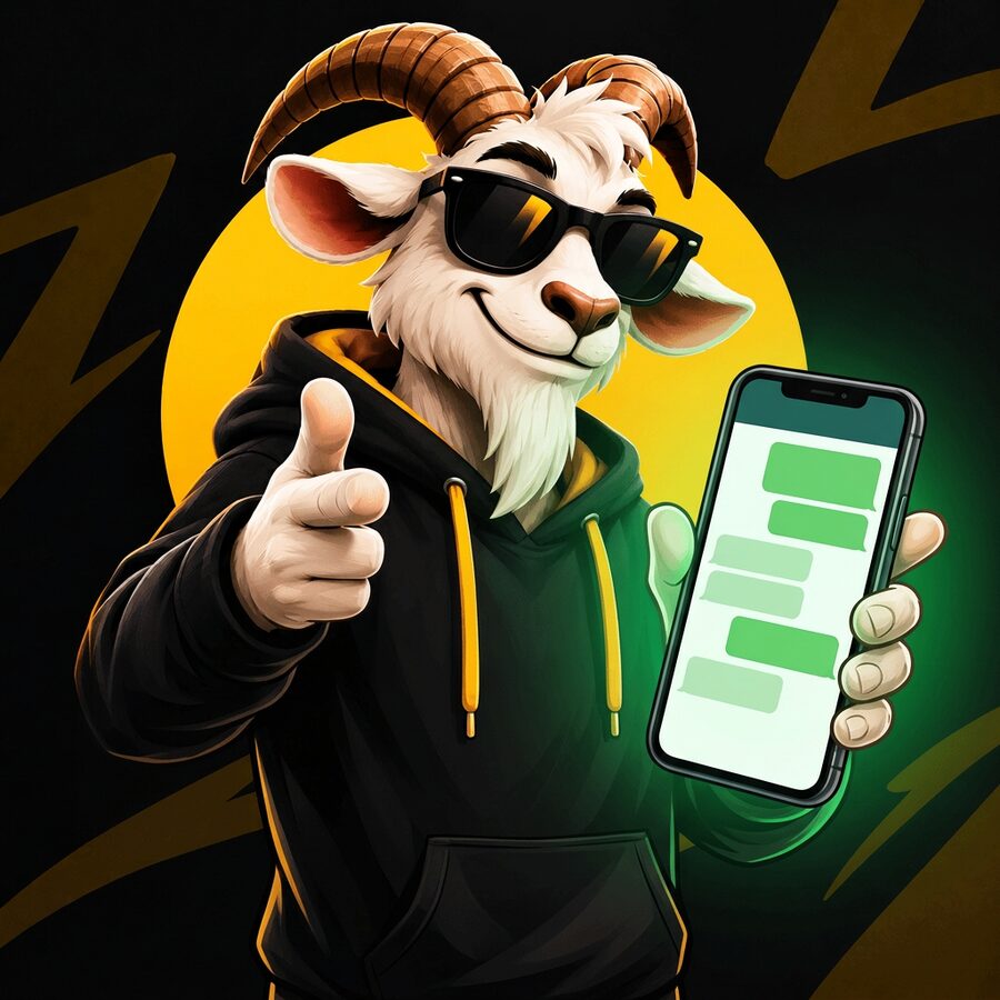 Mascote Cabra Achados mostrando o celular com conversa